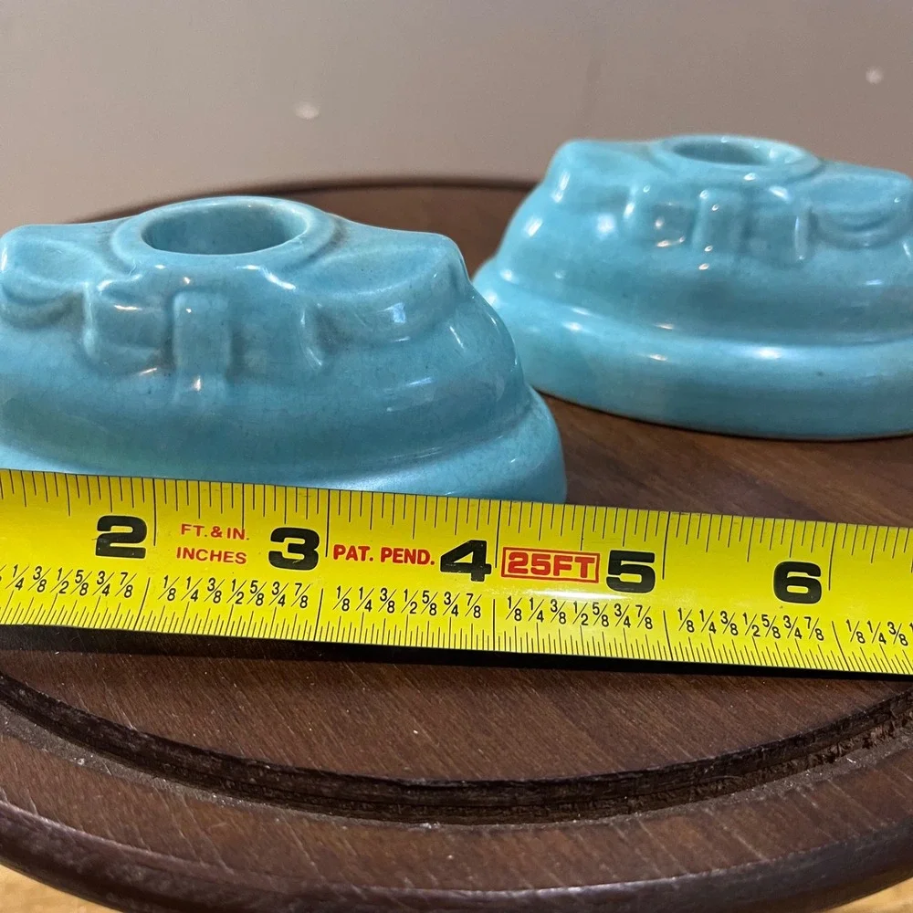 Vtg Art Pottery Aqua Blue Bow Candle Holder Set Mid Century Modern 2pc